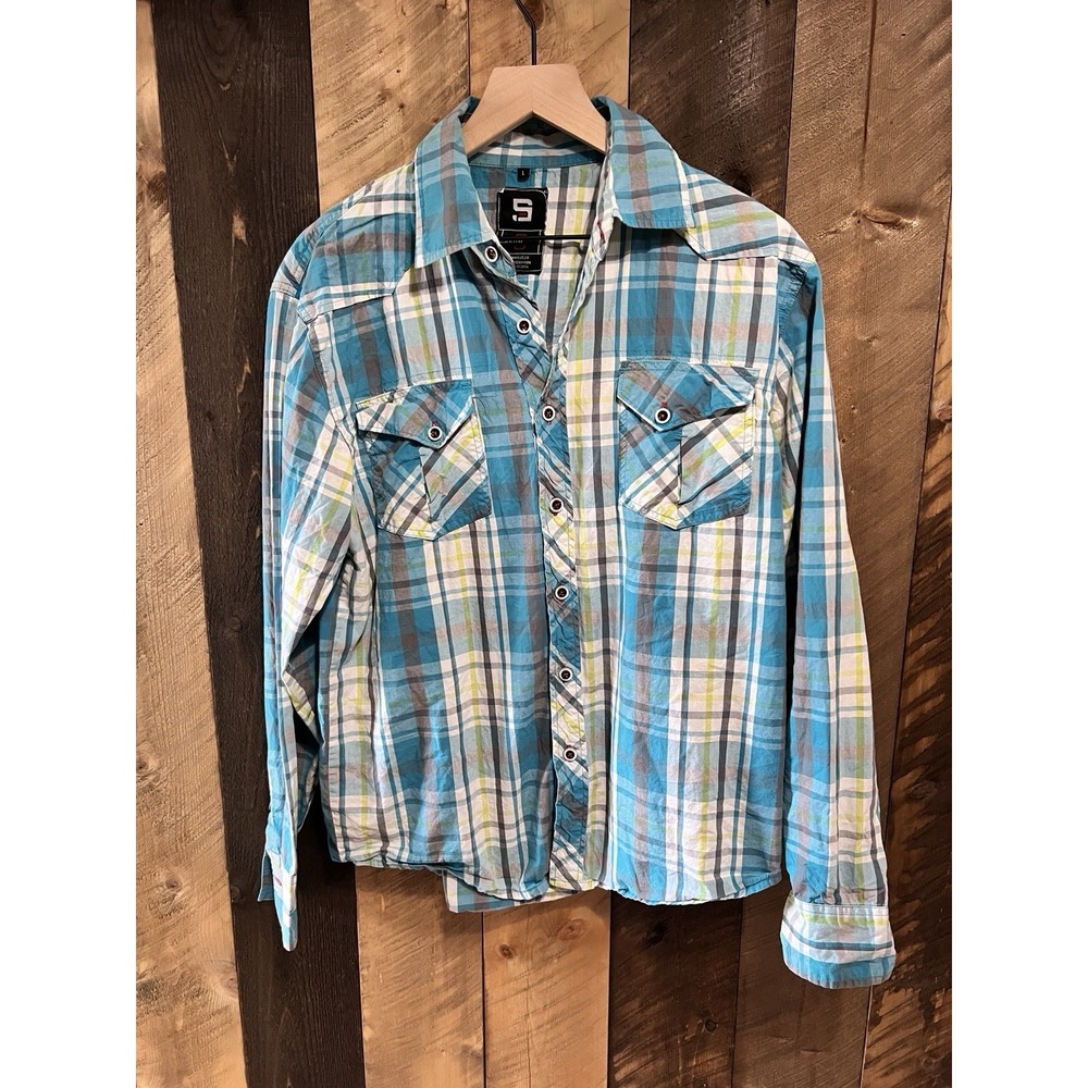 Southpole Mens Large Blue Plaid Long Sleeve Button Up Shirt Streetwear Y2K L